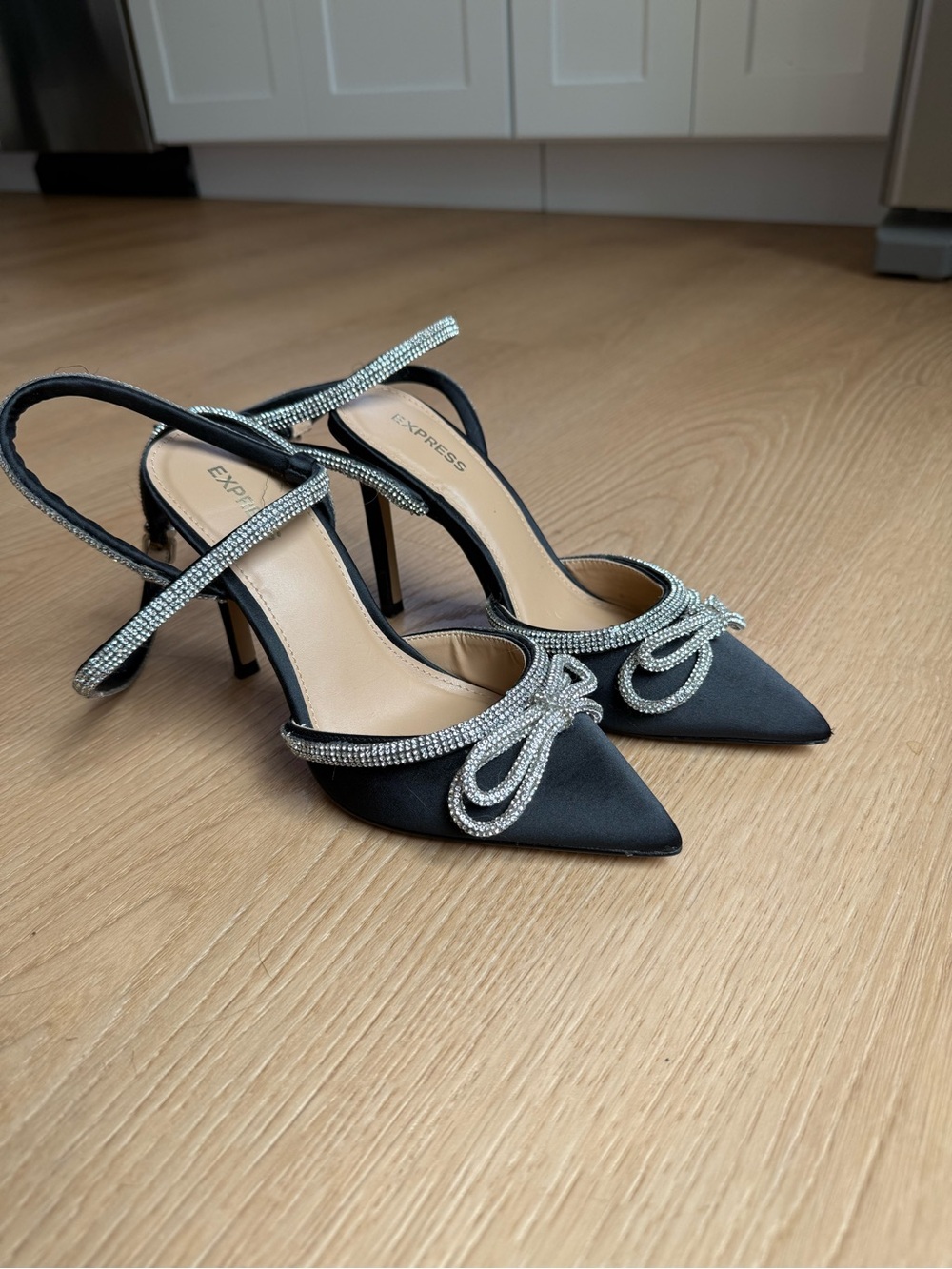 Express - Size 6 - Black Satin Pointed Slingback Heels with Crystal Bow Trim